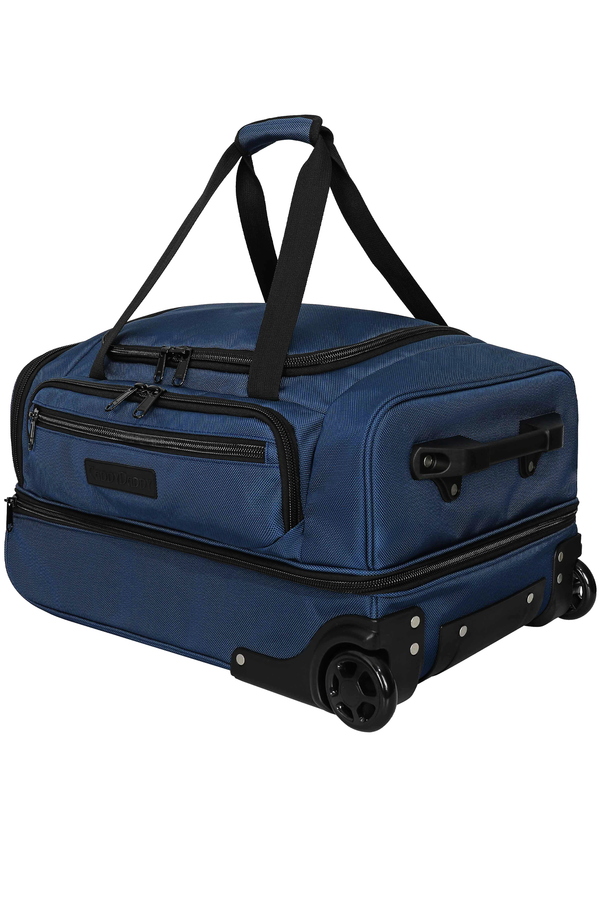 first class carry-on duffel blue side view