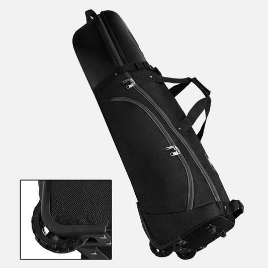 Black golf travel bag with wheels on a white background