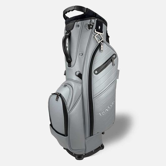 Gray golf bag with black accents on a white background