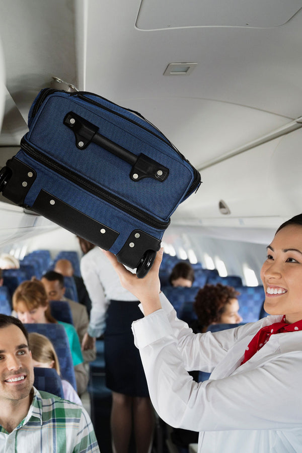 first class carry-on duffel bluein airplane