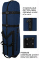 first class golf travel bag blue cover zippers and rivets