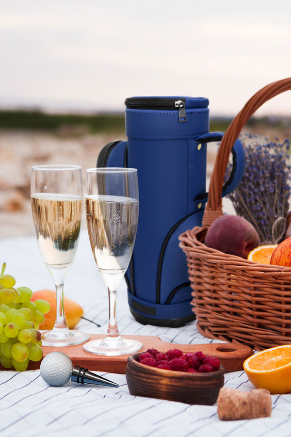 golf bag wine cooler with stopper blue on picnic