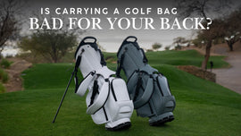 Two CaddyDaddy RevCore LT lightweight stand bags in white and gray positioned on a golf course, with overlaid text asking ‘Is carrying a golf bag bad for your back?’