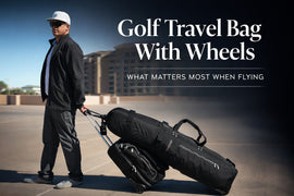 Man pulling a black golf travel bag with wheels across an airport parking area, demonstrating easy rolling travel for flying golfers