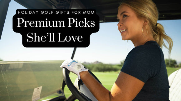 Smiling female golfer wearing a CaddyDaddy Claw women’s golf glove and driving a golf cart, with text overlay that reads ‘Holiday Golf Gifts for Mom — Premium Picks She’ll Love.