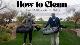 Two golfers walking down the fairway carrying CaddyDaddy RevCore golf bags, with the title ‘How to Clean Your RevCore Bag’ displayed above them.