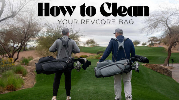 Two golfers walking down the fairway carrying CaddyDaddy RevCore golf bags, with the title ‘How to Clean Your RevCore Bag’ displayed above them.