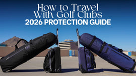 CaddyDaddy golf travel bags with built-in wheels and stiff arms, highlighting protection and stability for traveling with golf clubs.