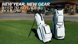RevCore white golf stand bag and cart bag displayed on a golf course with text reading “New Year, New Gear: When to Replace a Golf Bag.”