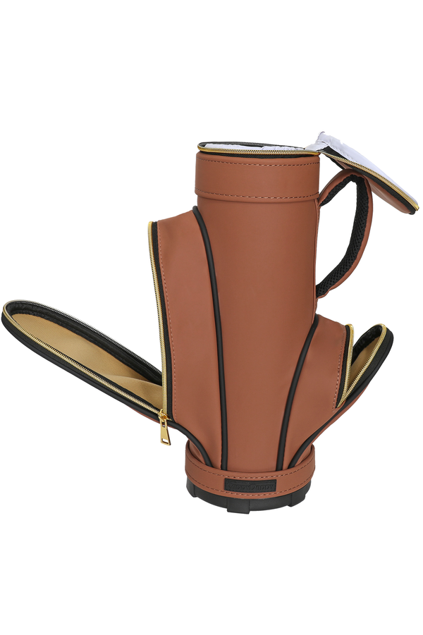 golf bag wine cooler with stopper copper pockets open