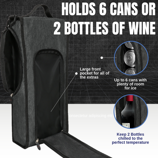 Black cooler bag with features highlighted on a dark grid background