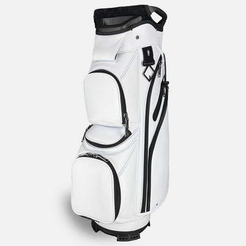 White golf bag with black accents on a light gray background