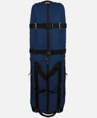 Blue travel bag with black straps on a white background