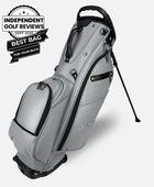 Gray golf bag with black accents on a white background, featuring an 'Independent Golf Reviews' best bag award.