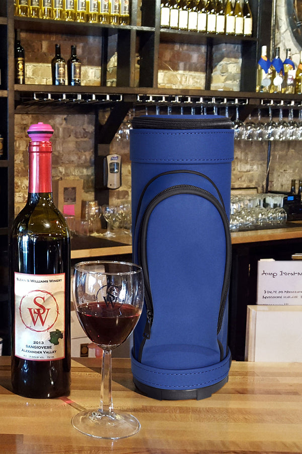 golf bag wine cooler with stopper blue at wine bar
