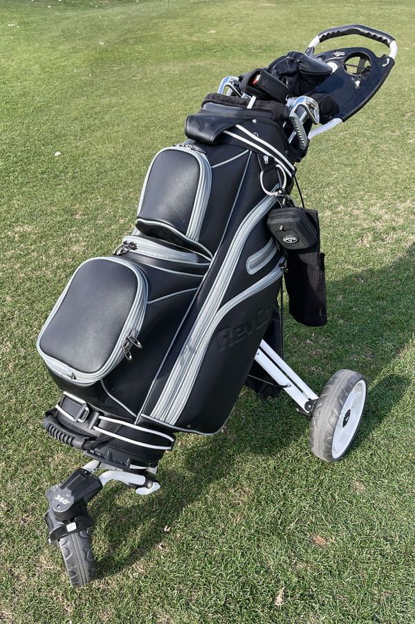 revcore black cart golf bag by caddydaddy on push cart